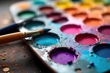 Fototapeta premium A close-up shot of paintbrushes and a palette with vibrant, mixed colors, ready for an artistic creation The scene evokes creativity and the joy of painting , studio, canvas, fine art