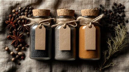 Three glass spice jars with cork lids and blank paper labels, filled with black mustard seeds, poppy seeds, and turmeric powder, placed on a textured fabric background.