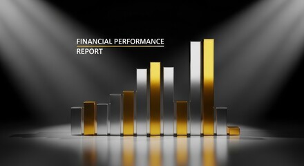Financial Performance Report with Silver and Gold Bar Graphs on Dark Background
