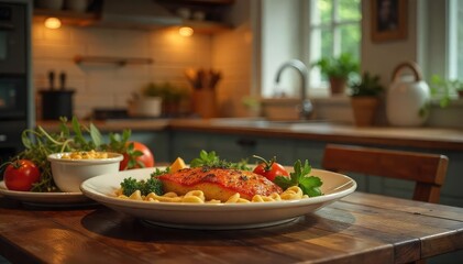 A cozy kitchen scene featuring a simple yet delicious supper on the table, ready to be enjoyed Warm lighting enhances the homey atmosphere, focusing on the inviting meal , carrots, tasty, onions