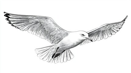The seagull bird is in flight. Peace, freedom symbol. Hand-drawn vector animal illustration on isolated background.