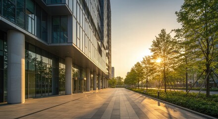 Modern Office Building Facade with Paved Walkway at Sunrise