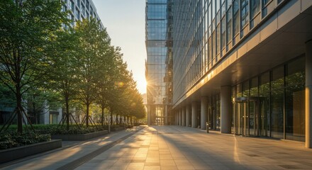 Modern Office Buildings with Trees and Sunlight in City