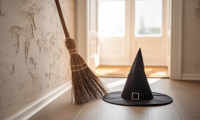 A witch's broom and hat resting on a light-colored floor in a hallway.  Sunlight streams through an open doorway