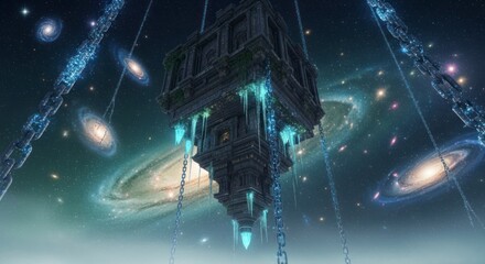 Floating Fortress in Cosmic Space Lit by Glowing Elements with Galaxy Background