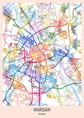 Warsaw Poland City Map. downtown printable Landmarks print painting, travel art banner modern city, urban city art, background abstract