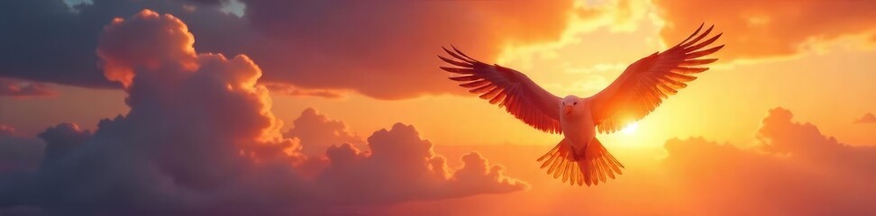 Fototapeta premium A majestic bird in flight, wings outstretched, soaring through a vibrant sunset sky, embodying freedom and the boundless nature of love , avian, sunset