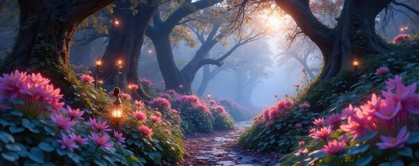 A mystical garden bathed in soft, ethereal light, glowing flora and fauna, whimsical details, magical atmosphere, enchanting scene ,  twilight,  moss