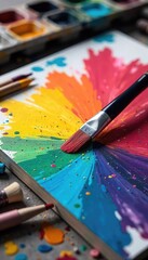 A paintbrush rests on a vibrant canvas, surrounded by scattered art supplies, symbolizing the creative process and artistic expression , visual arts, colors, artistic