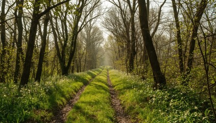 Obraz premium Serene green forest path in early spring