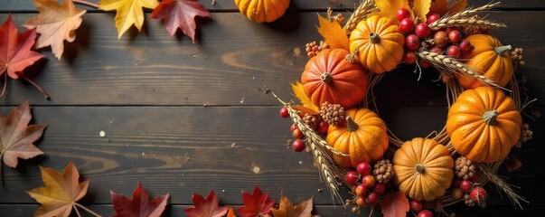 A rustic autumn wreath brimming with harvested gourds, wheat, berries, and fall leaves Perfect for Thanksgiving or autumnal home decor Rich, warm tones and natural textures , leaves, natural, fall
