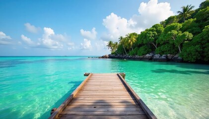 A rustic wooden dock extends from a tranquil island shore into calm, clear water, surrounded by lush green vegetation Perfect for travel, vacation, or nature themes , remote, boat dock