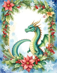 Fototapeta premium Christmas dragon in floral frame