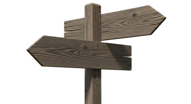 Rustic wooden signpost with two directional arrows on a dark background