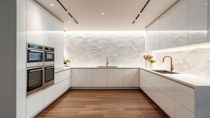 A modern kitchen with white cabinets stainless steel appliances and wood flooring in a well lit room