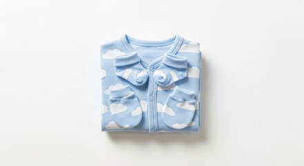 Folded Blue And White Baby Onesie And Mittens Set On White Background Top View