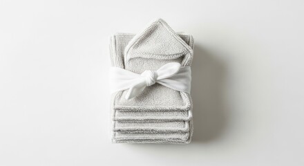Folded Fabric Napkins with White Ribbon on White Background