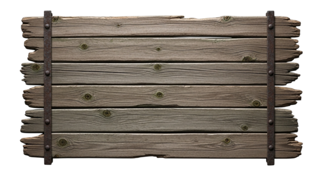 Rustic wooden sign with weathered planks and metal fasteners