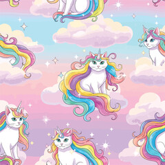 Obraz premium Seamless pattern of cute unicorn cats with rainbow manes and magical sparkle, seamless pattern, royalty stock.