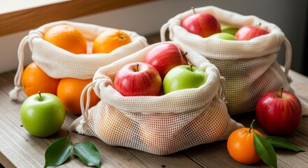 Fresh Fruits Displayed In Eco-Friendly Cotton Bags On A Wooden Surface With Natural Light