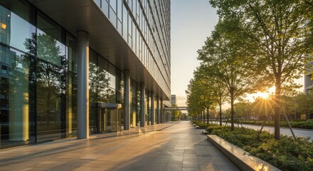 Office Building Entrance with Trees and Sunlight Rays