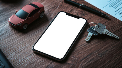 A cell phone with an empty white screen lies on a wooden table next to a red toy car, car keys, a pen and a piece of paper from the contract. Phone mockup. Selling, renting, or leasing a car