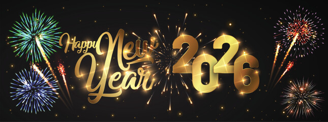 Happy new year 2026 Elegant text with light effect and fireworks.