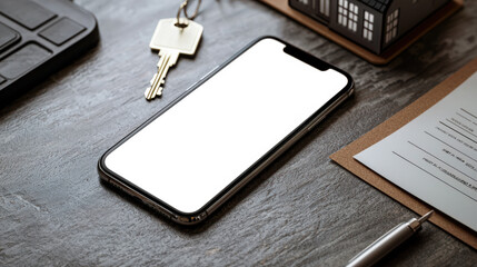 The concept of buying, selling or renting a house. Search for housing. A mockup of a phone with an empty screen. There is a pen, a key, a contract and a small toy house nearby