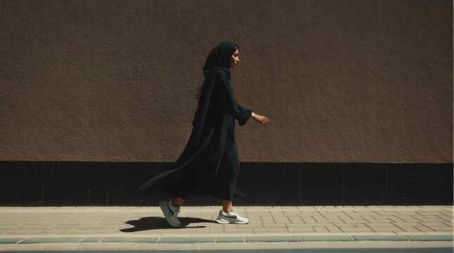 a woman walking in duabi, natural skin tones and colors, dark-haired and arab looking , she wearing sport shoes cinematic lighting. black color theme. Hyper-detailed, ultra-realistic, 8k, professional