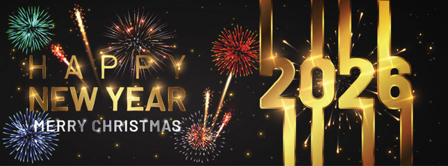 Happy new year 2026 Elegant text with light effect and fireworks.