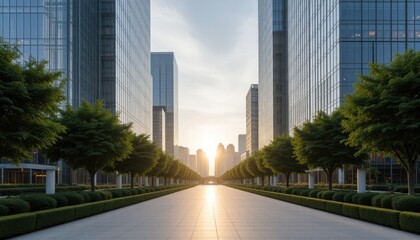 Fototapeta premium Perspective View of Trees and Skyscrapers at Sunrise Sunset