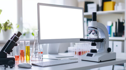 Mockup of a computer monitor in the office of a research chemist. The computer is on the table next to the microscope. The table is filled with various chemicals