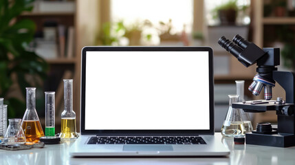 A mockup of the laptop screen for advertising the medical laboratory website. On the table is an open laptop with a microscope and several beakers