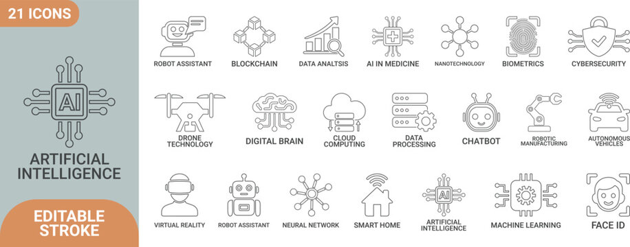 Artificial intelligence Line art icon set. Containing machine learning, data science, AI, virtual assistant, generative AI, technology, Turing test and more. line art vector icons collection.