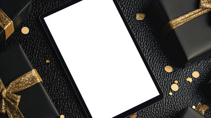 Online shopping. A mockup of a stylish black tablet with a white screen, top view, close-up. The concept of Black Friday advertising. A festive atmosphere of fun and gifts