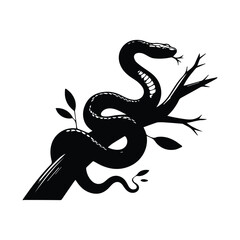 Elegant snake vector illustration winding around a bare branch on white background