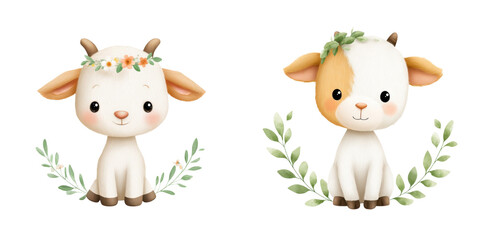 Naklejka premium Cute baby goats with floral wreaths, surrounded by greenery, evoke joyful and playful atmosphere., isolate on transparent background