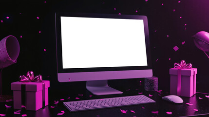 The cosmic neon concept of the main sale of the year is Cyber Monday. Mockup of the computer screen. Online shopping. There is a computer monitor, keyboard, mouse