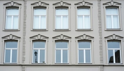 Fototapeta premium Row of identical windows on a light beige building facade