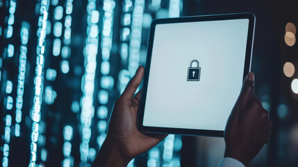 Hacking, antivirus, encryption. Close-up of a black man holding a tablet with a lock on the screen. Cybersecurity. Oversight of information security