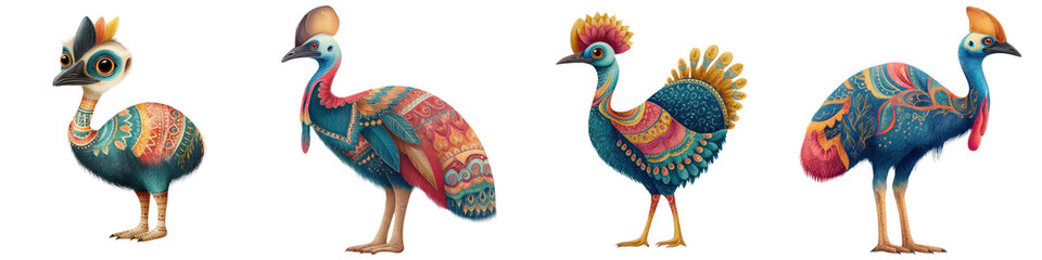 Obraz premium Watercolor baby cassowaries with vibrant tribal boho designs showcase unique artistic styles and colors., isolate on transparent background