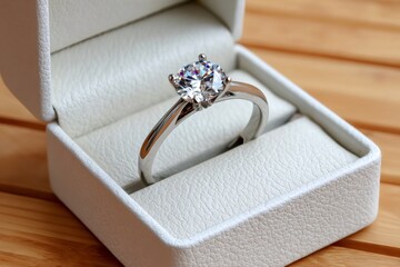 Luxurious diamond engagement ring resting in white box