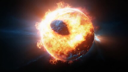 A celestial sphere, ablaze with fiery destruction, dramatically showcases the Earth engulfed in flames. - Powered by Adobe