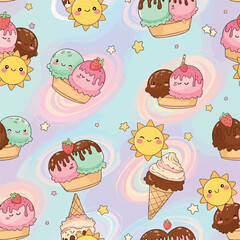Seamless pattern of cheerful suns and ice cream cones with cute faces, seamless pattern, royalty stock.