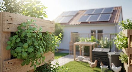 Modern house with solar panels on the roof, featuring a lush backyard garden with chickens and a compost bin, promoting sustainable living.