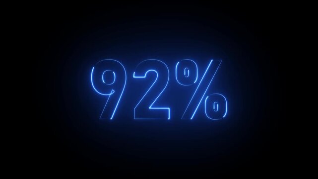 Blue Neon Ninety Two Percent Sign Glowing On Black Background