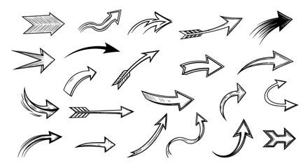 Collection of diverse hand drawn arrow graphics for design and navigation elements