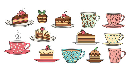 A delightful collection of sweet cakes and steaming hot cups of coffee and tea perfect for a cozy afternoon break