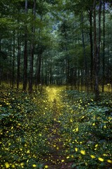 Forest path bathed in firefly light