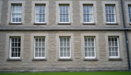 Fototapeta premium Stone Building Facade With Multiple Windows And Green Lawn